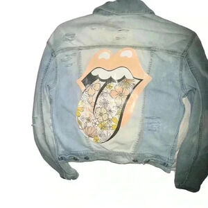 Lularoe XXS ‎ faded distressed denim jacket with floral tongue screen print NWOT